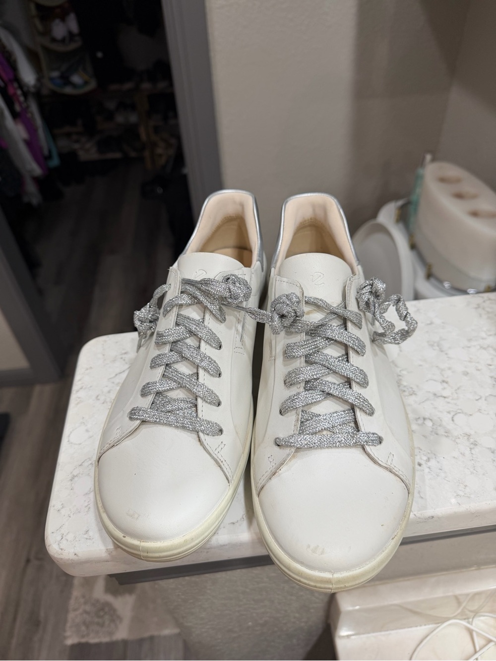 White Leather Sneakers with Silver back and Silver Laces